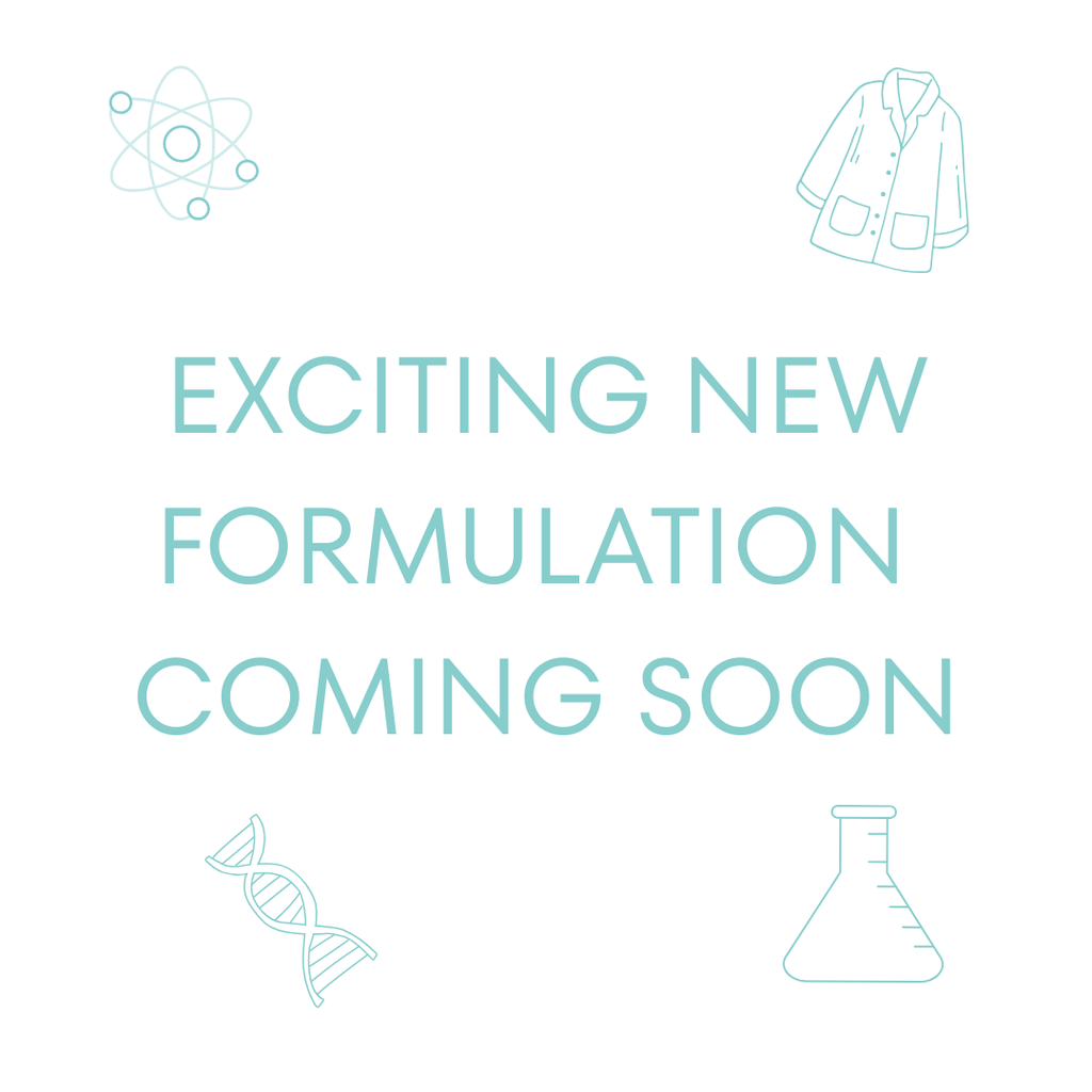 Promotional text 'Exciting New Formulation Coming Soon' with scientific icons on a white background