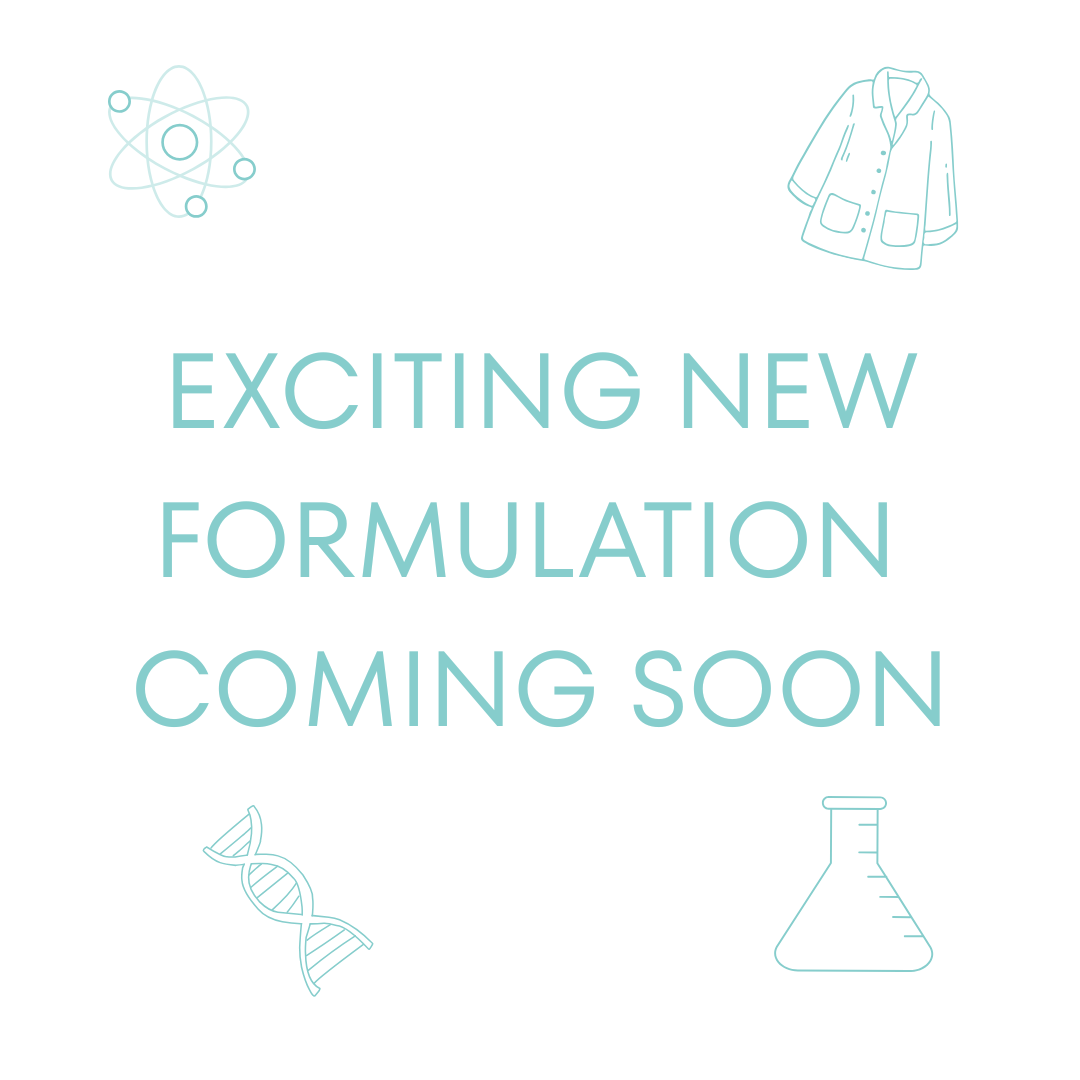 Promotional text 'Exciting New Formulation Coming Soon' with scientific icons on a white background