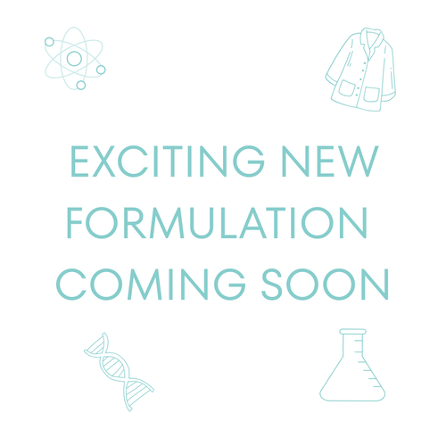 Promotional text 'Exciting New Formulation Coming Soon' with scientific icons on a white background